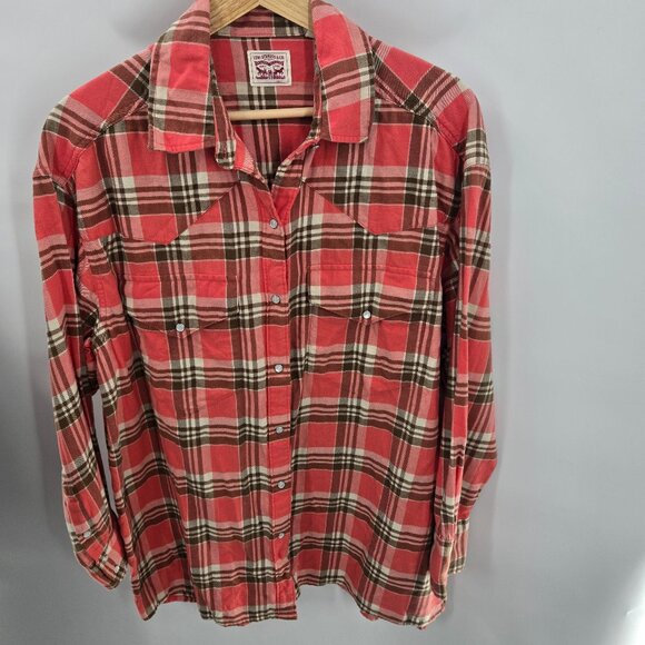 Levi's Plaid Dylan Pink Pearl Snaps Flannel Lightweight Button Down Small - Picture 1 of 11